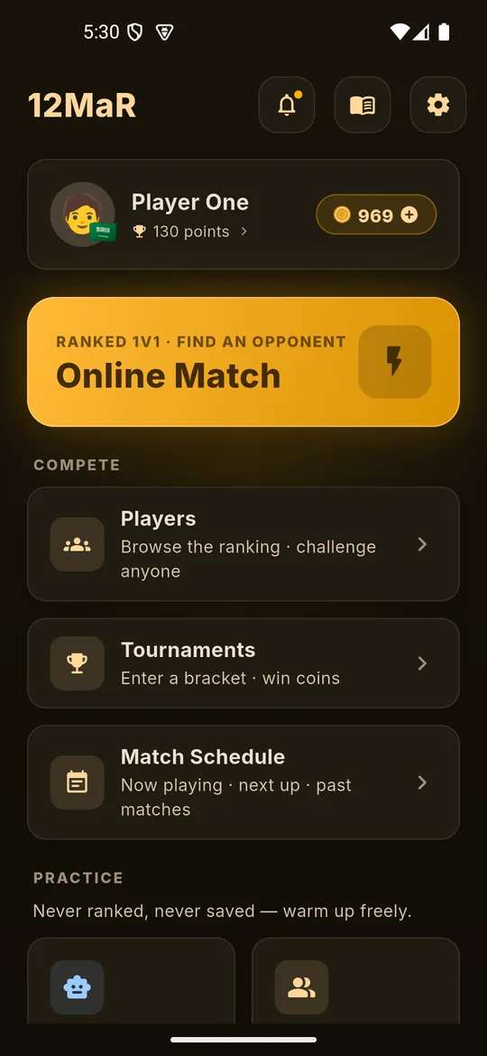 The 12MaR lobby: the player's card with their points and coins, the Online Match button, and the Compete and Practice rows.
